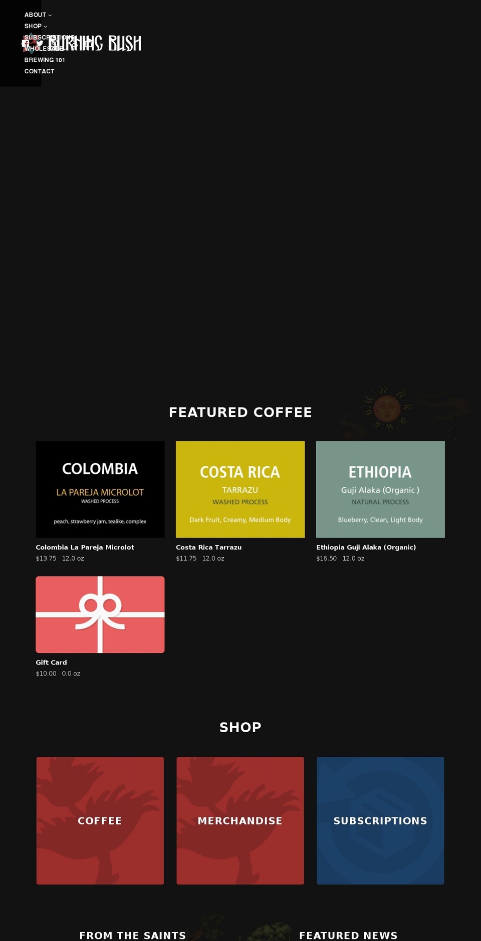 burningbushcoffee.com shopify website screenshot