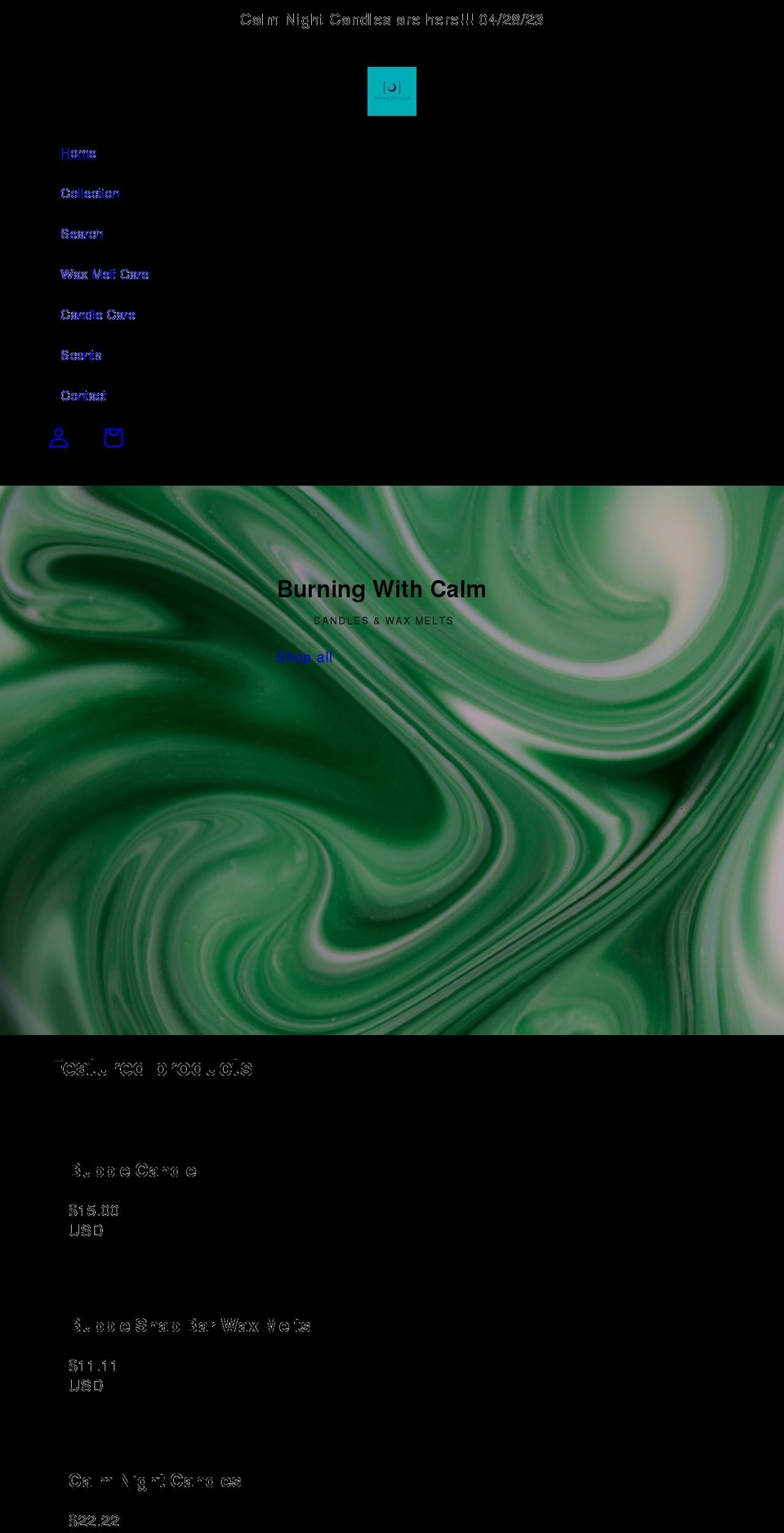 burningwithcalmco.com shopify website screenshot