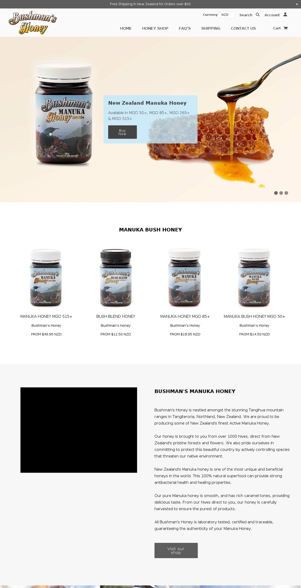 bushmanshoney.com — Shopify storefront screenshot