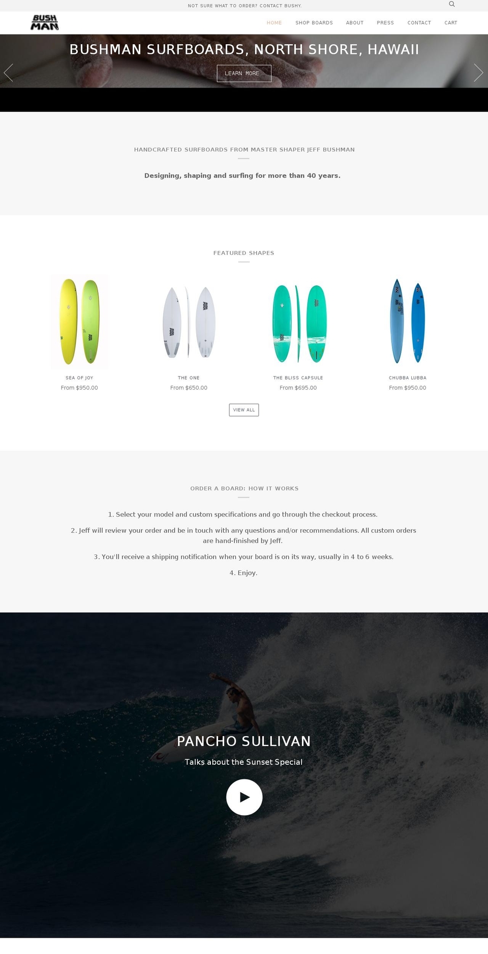 bushmansurfboards.com shopify website screenshot