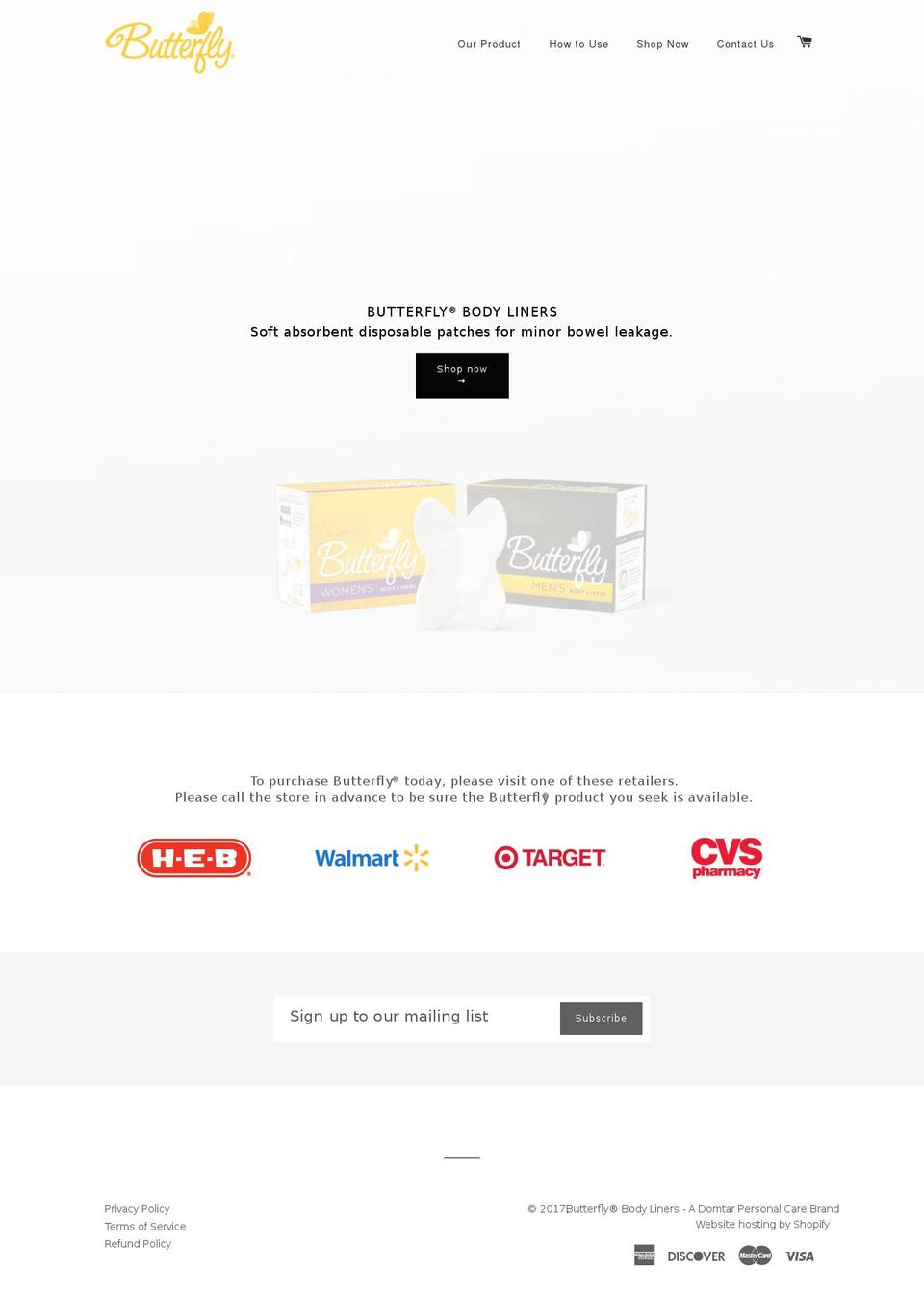 butterflylinersforbowelleaks.com shopify website screenshot