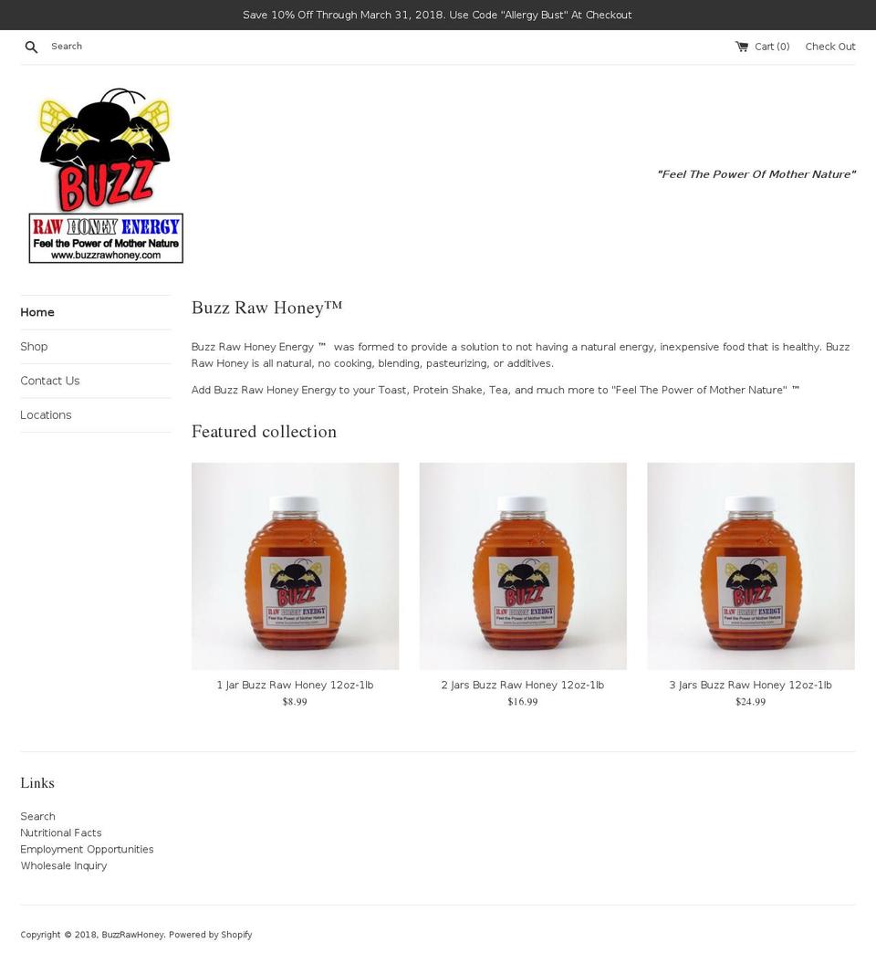 buzzrawhoney.com shopify website screenshot
