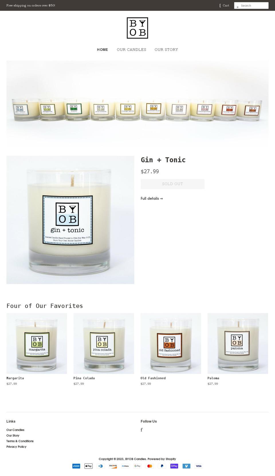 byobcandles.com shopify website screenshot