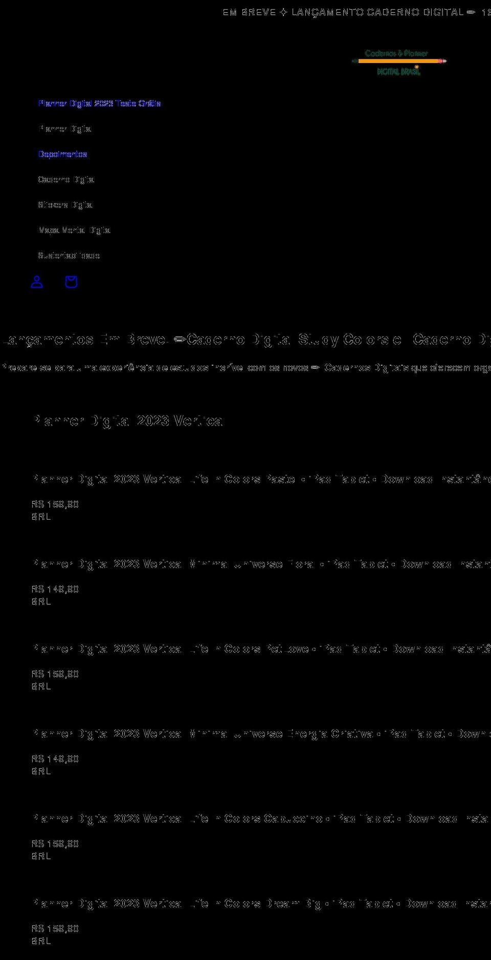 cadernoseplannerdigitalbrasil.com shopify website screenshot