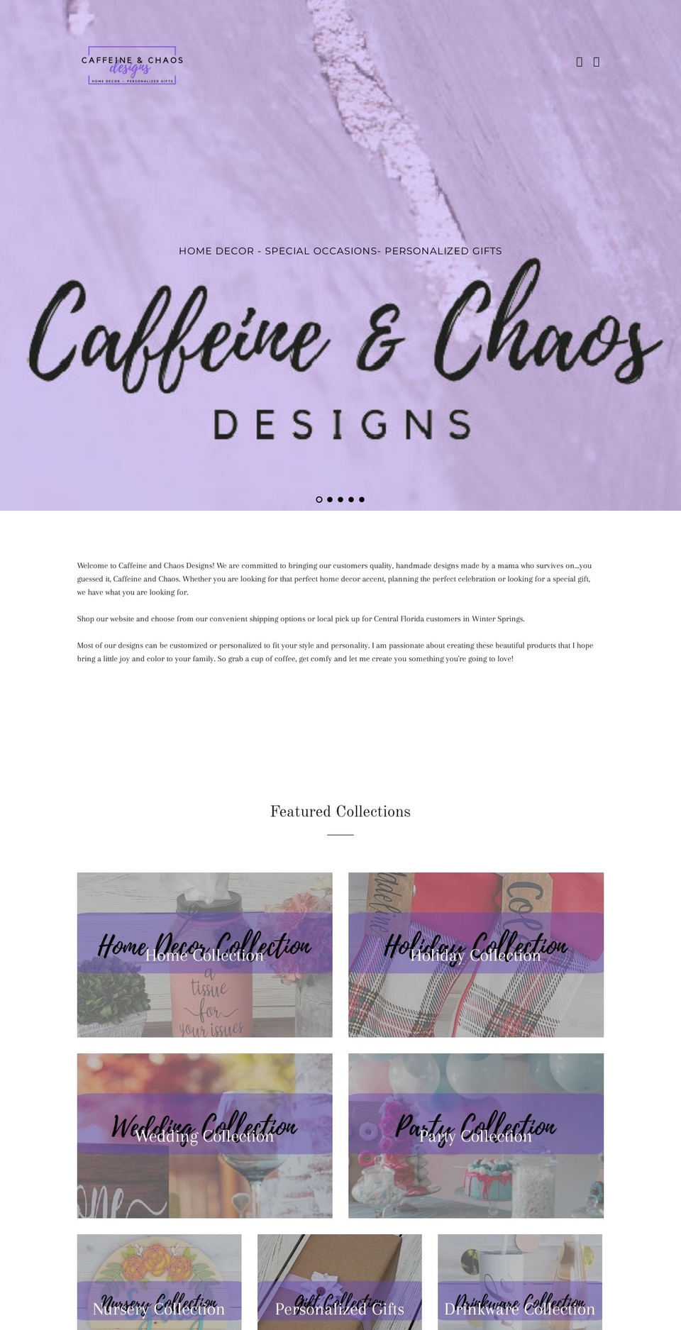caffeineandchaosdesigns.com — Shopify storefront screenshot