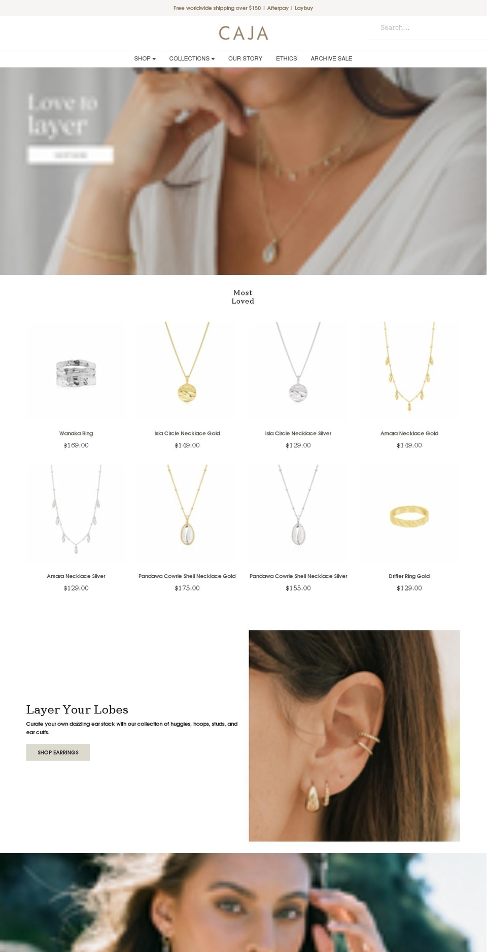 cajajewellery.com shopify website screenshot