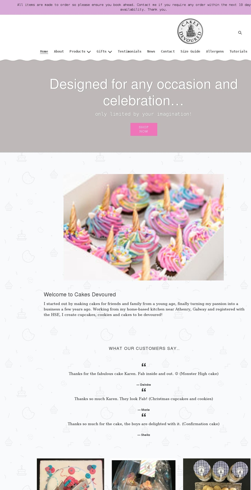 cakesdevoured.com shopify website screenshot