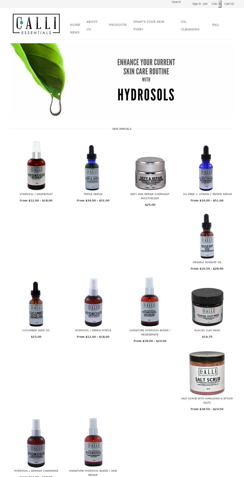 calliessentials.com — Shopify storefront screenshot