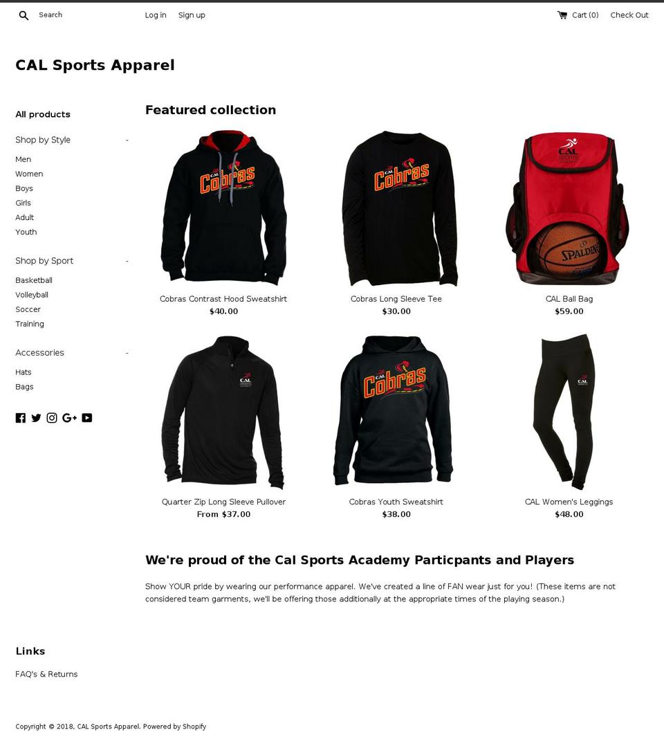 calsportsapparel.com — Shopify storefront screenshot