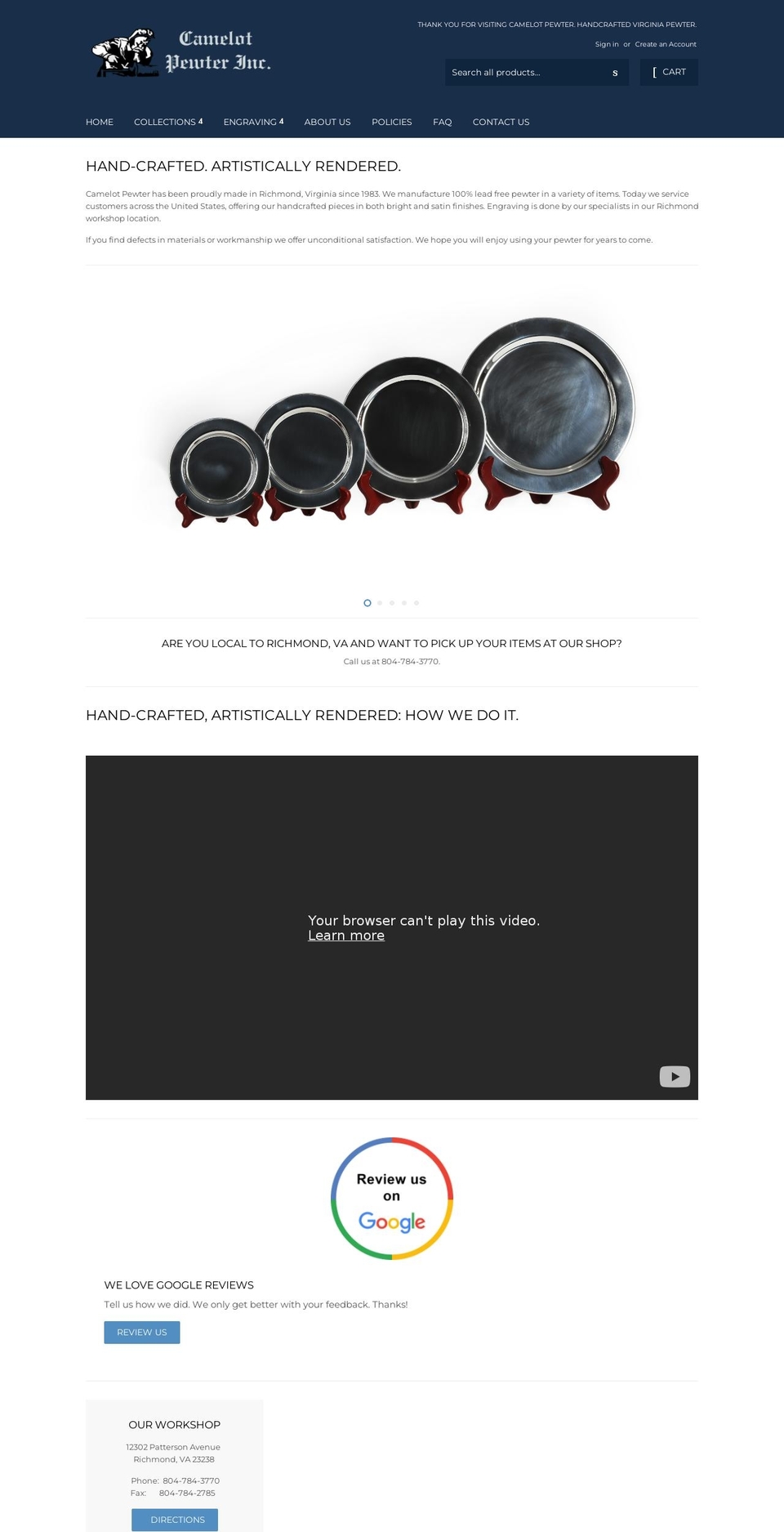 camelotpewter.com shopify website screenshot
