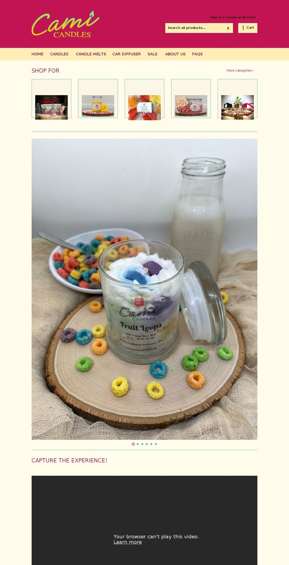 camicandles.com shopify website screenshot