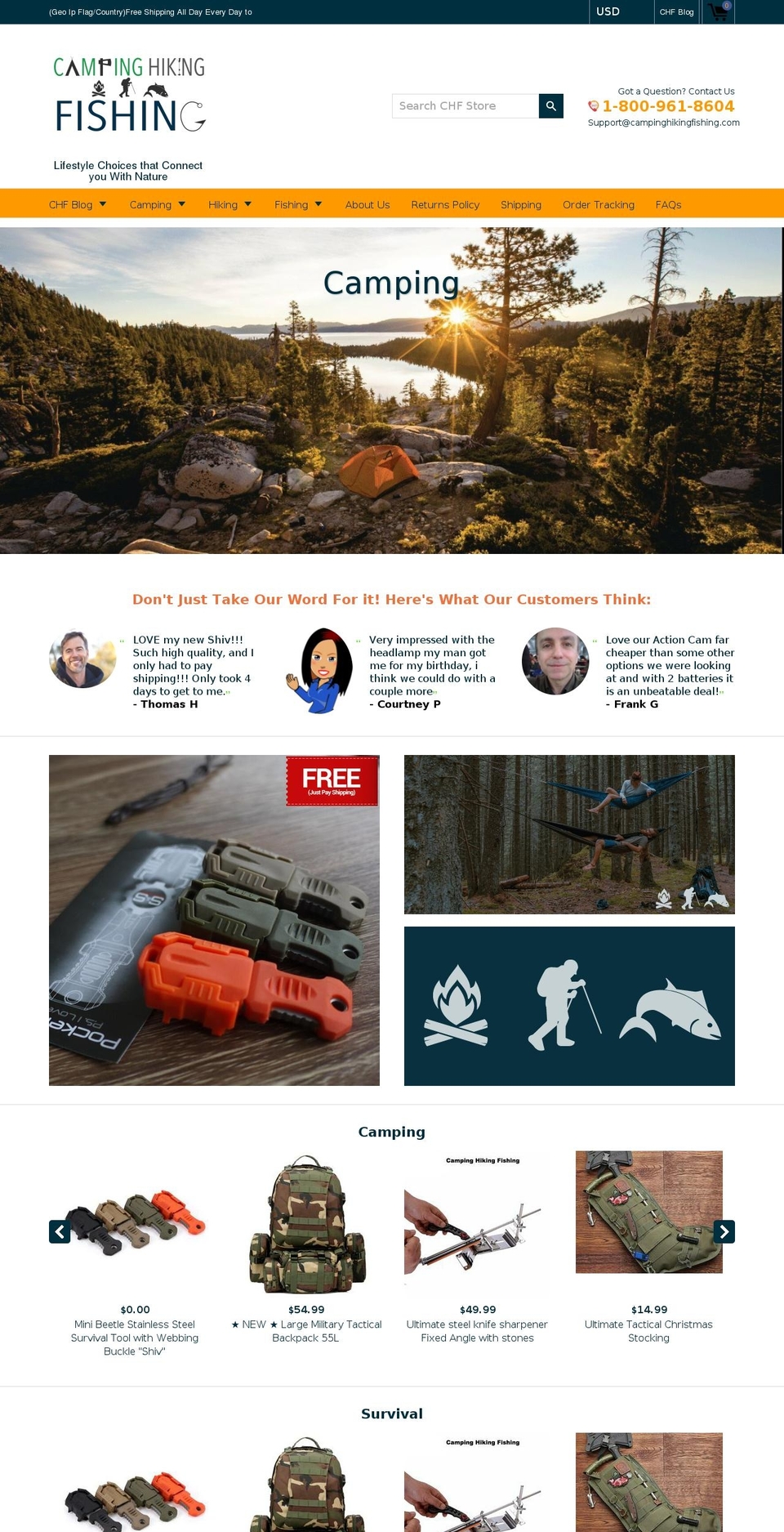 campinghikingfishing.com — Shopify storefront screenshot