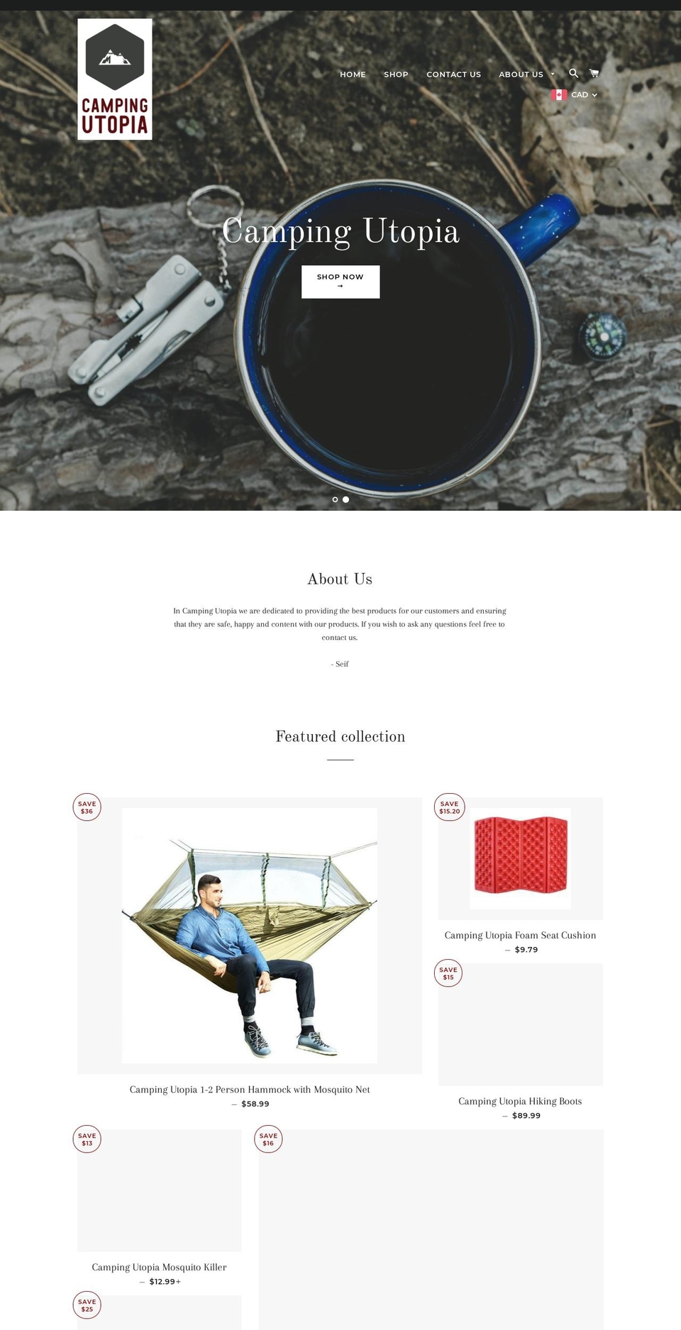 campingutopia.com shopify website screenshot