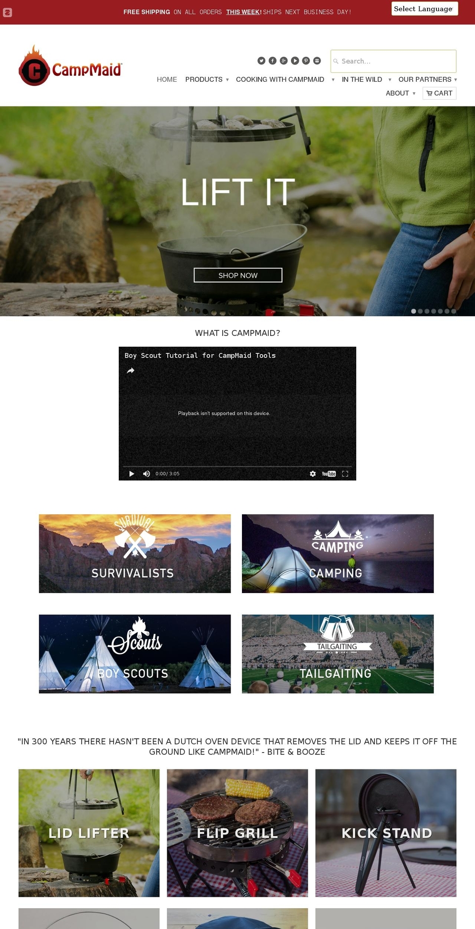 Parallax Shopify theme site example campmaid.com