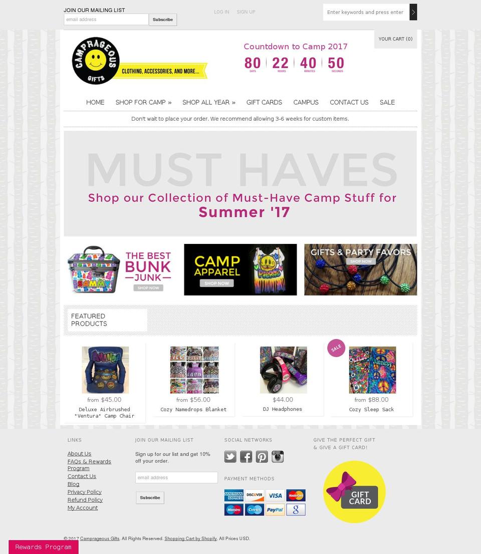 camprageous.com shopify website screenshot