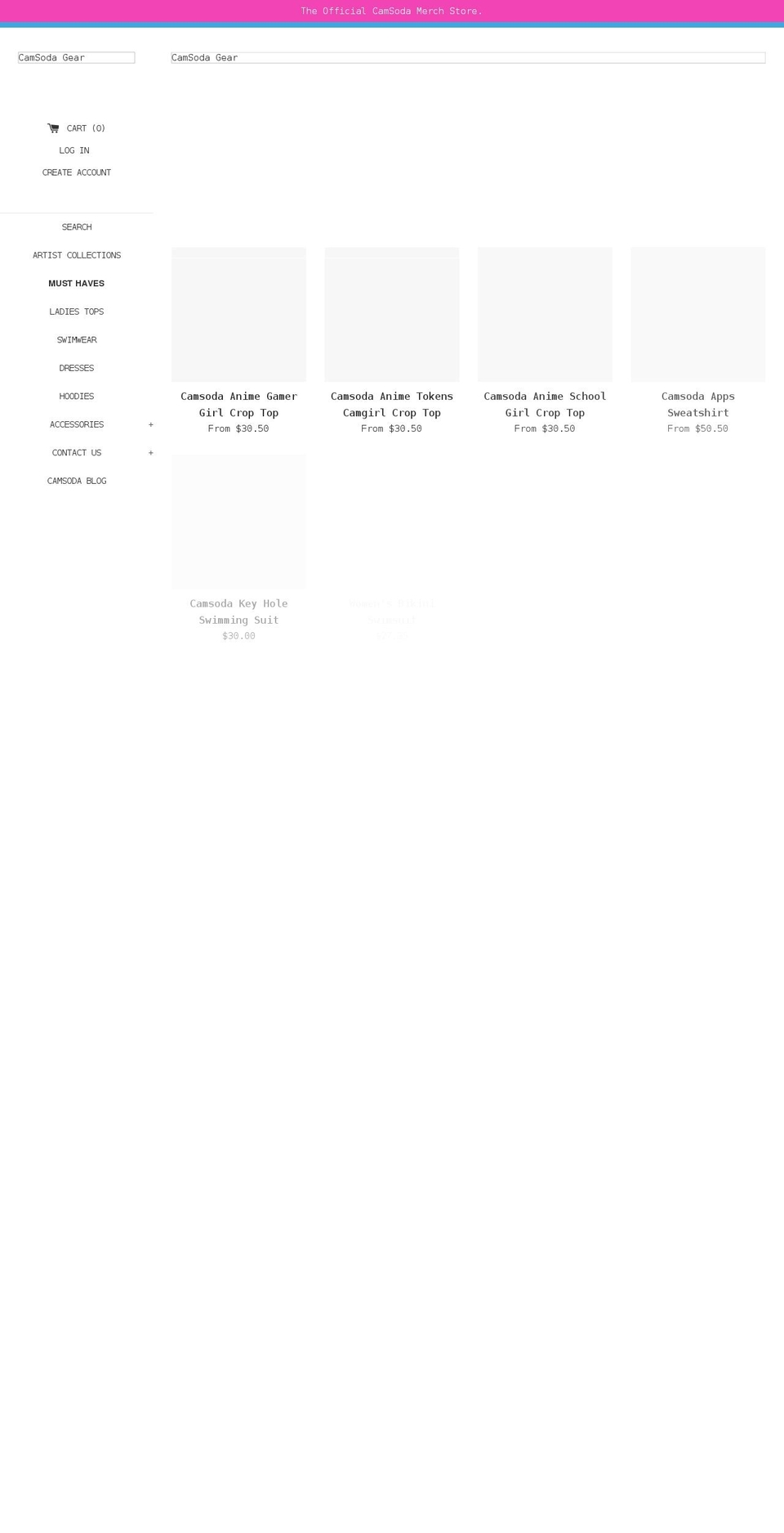 camsodagear.com shopify website screenshot