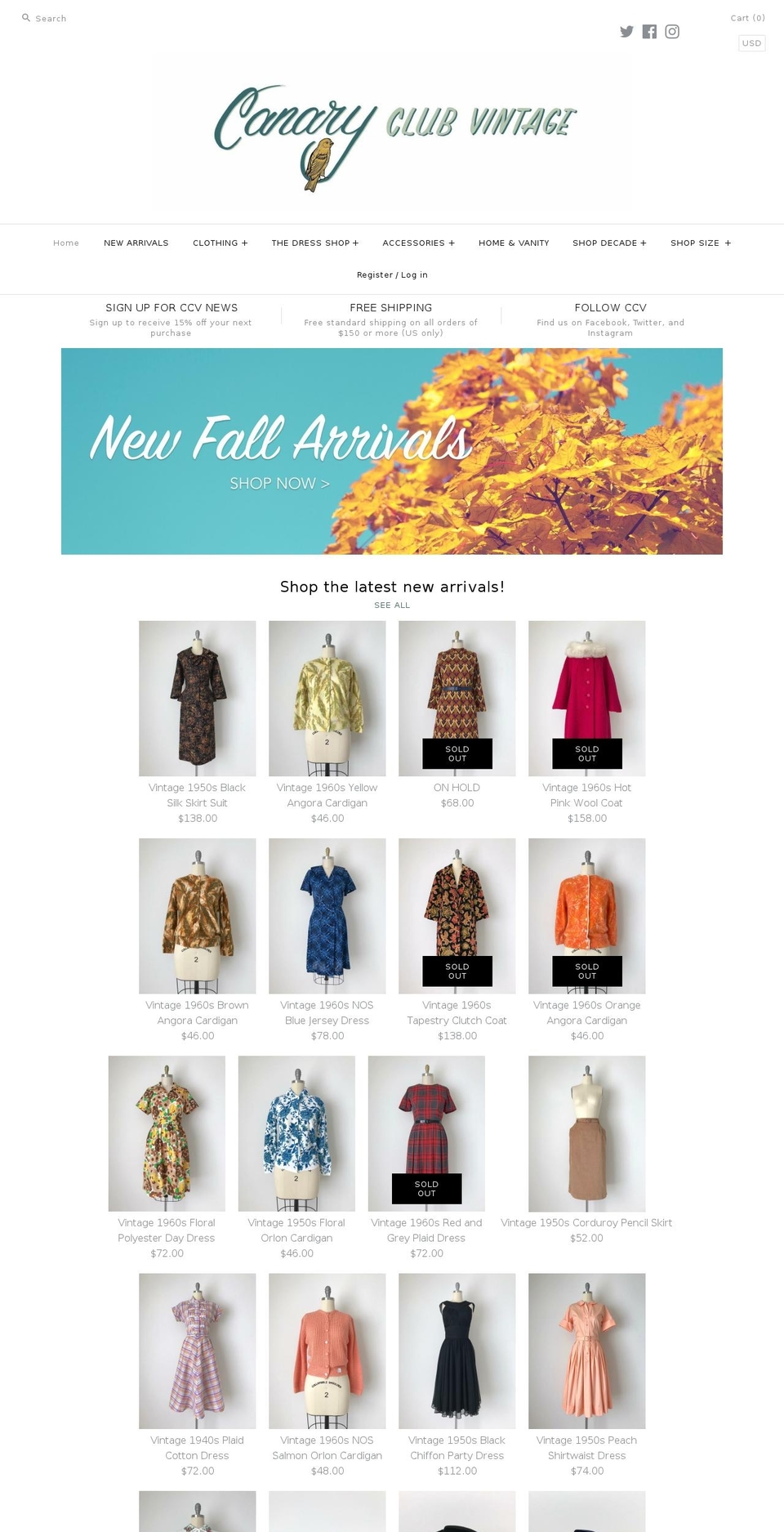 canaryclubvintage.com — Shopify storefront screenshot