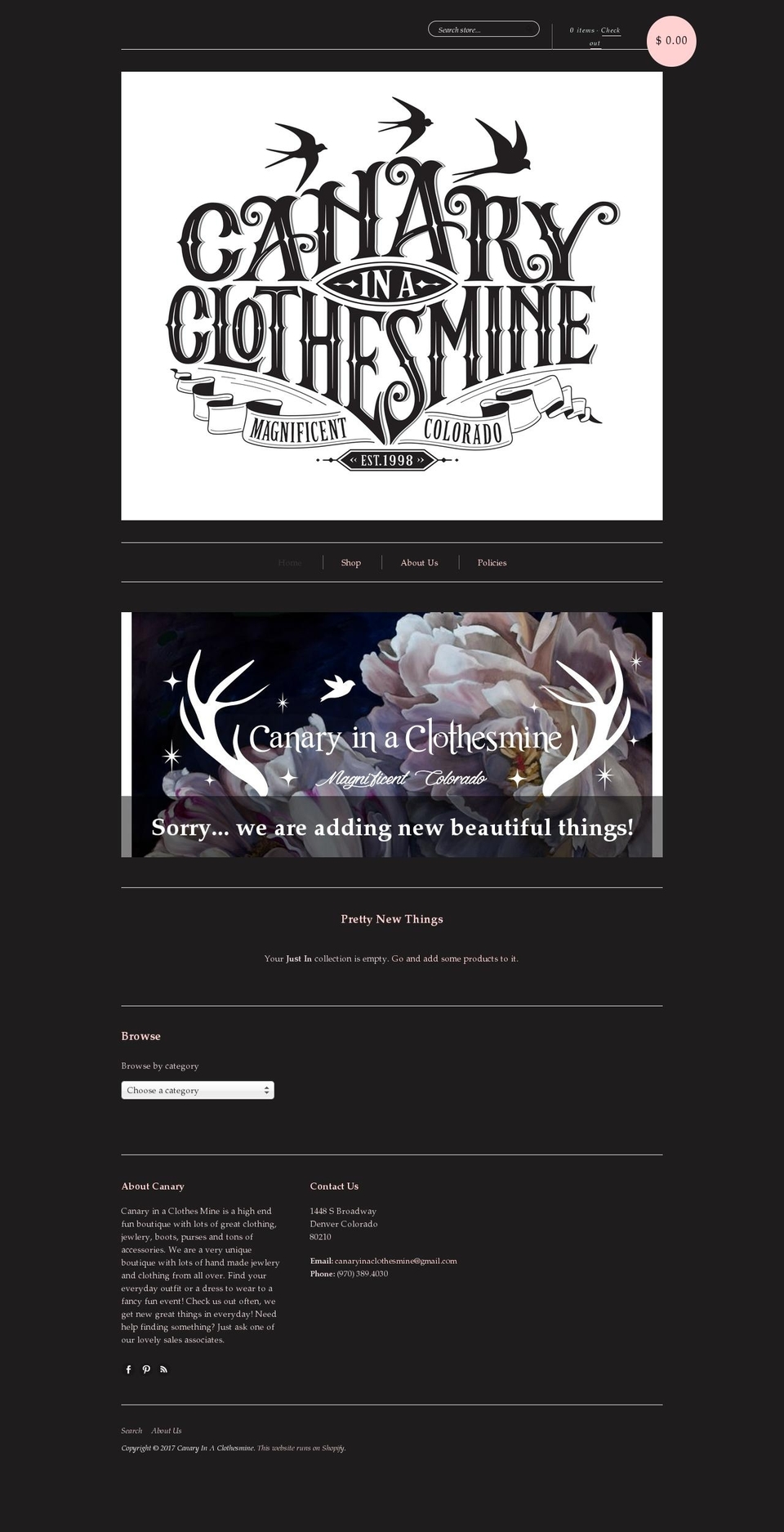 canaryinaclothesmineco.com shopify website screenshot