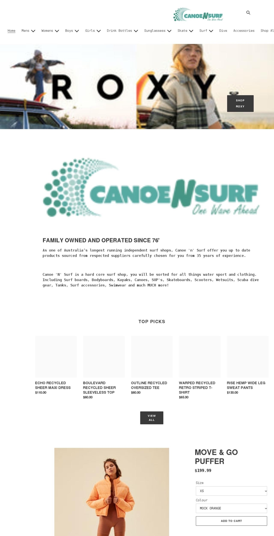 canoensurf.com.au shopify website screenshot