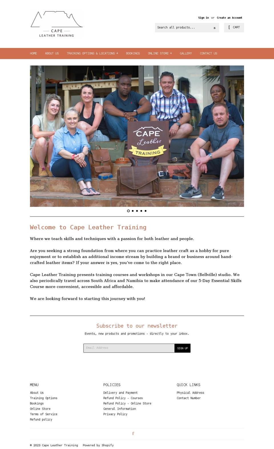 capeleathertraining.co.za shopify website screenshot