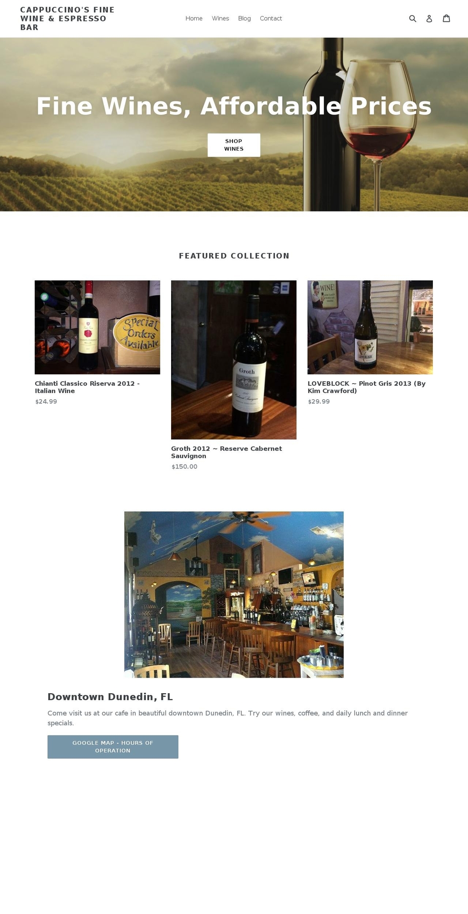 cappuccinosfinewineandespressobar.com — Shopify storefront screenshot