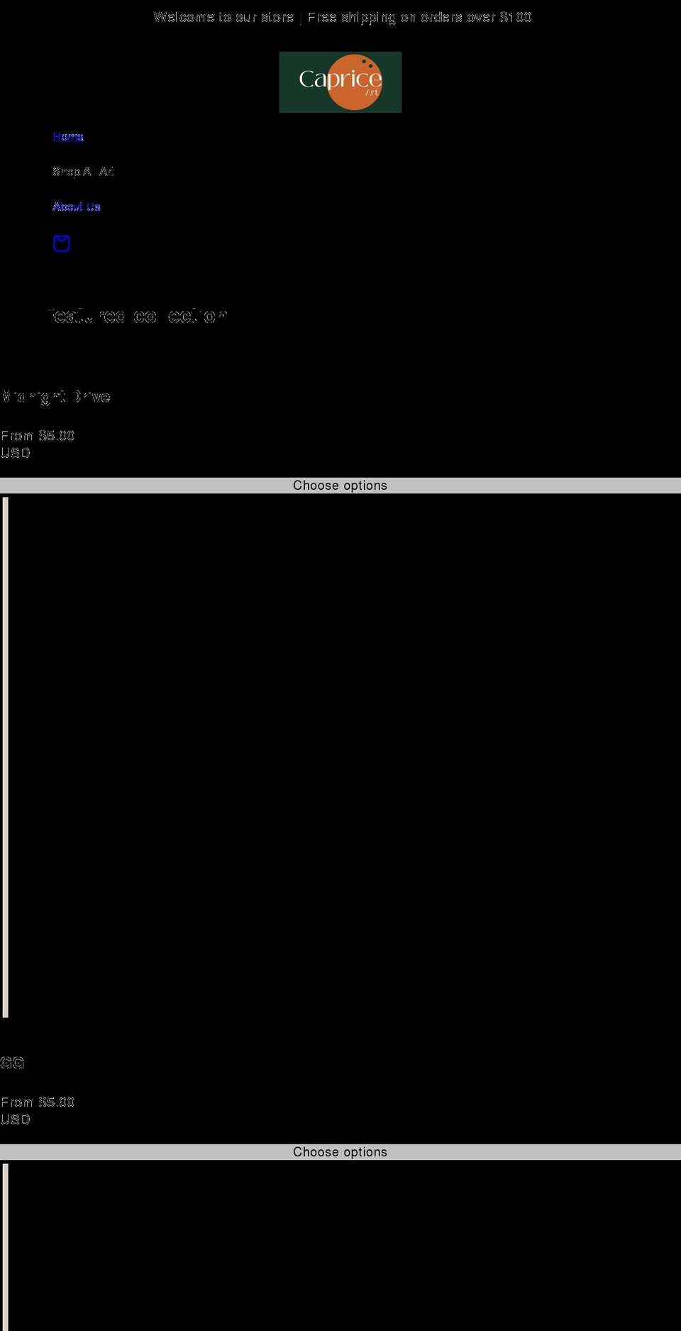 capriceart.com shopify website screenshot