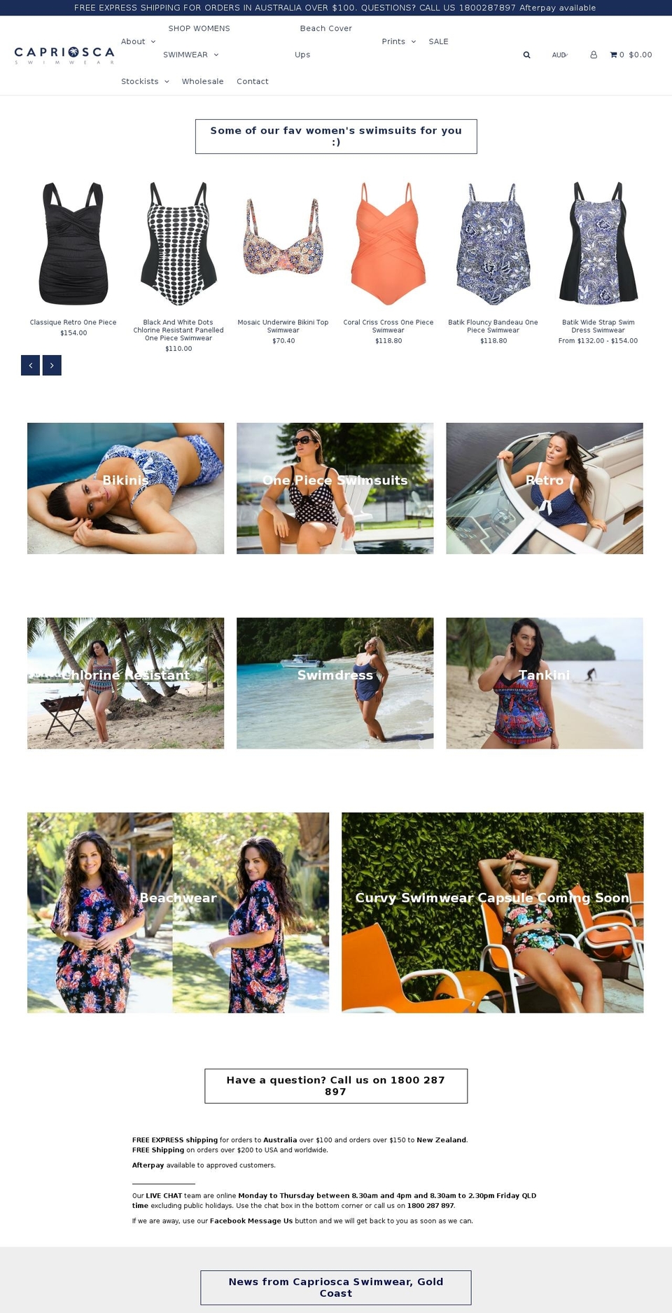 caprioscaswimwear.com.au shopify website screenshot
