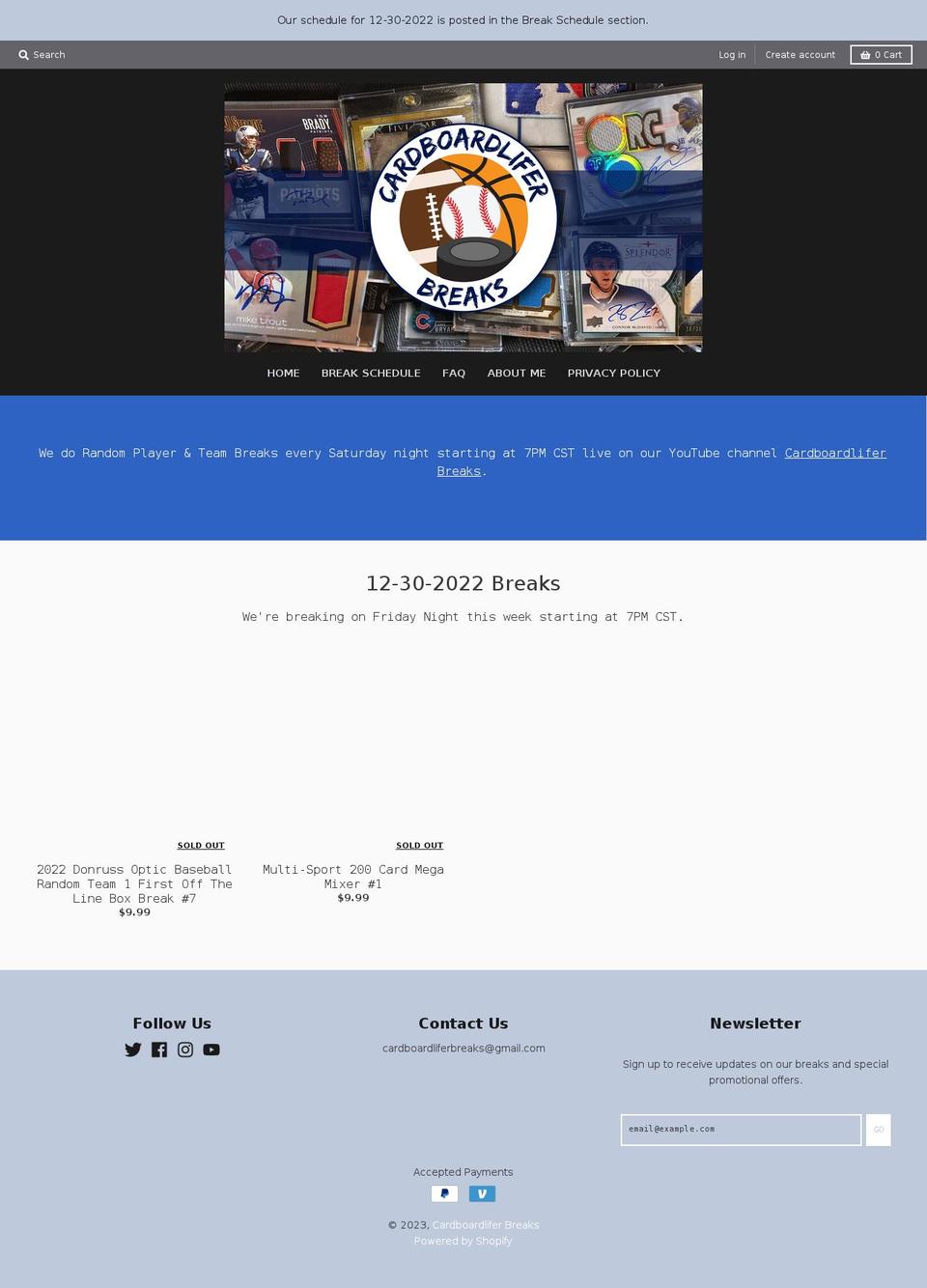 cardboardliferbreaks.com shopify website screenshot