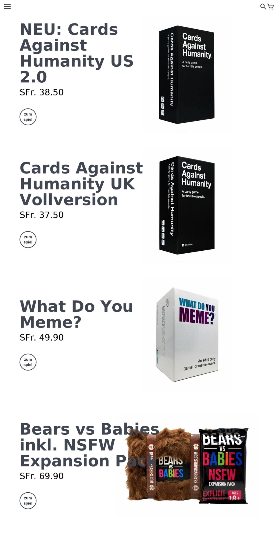 cardgames.ch shopify website screenshot