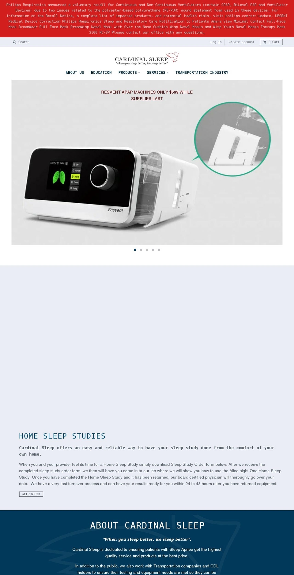 cardinalsleep.net shopify website screenshot