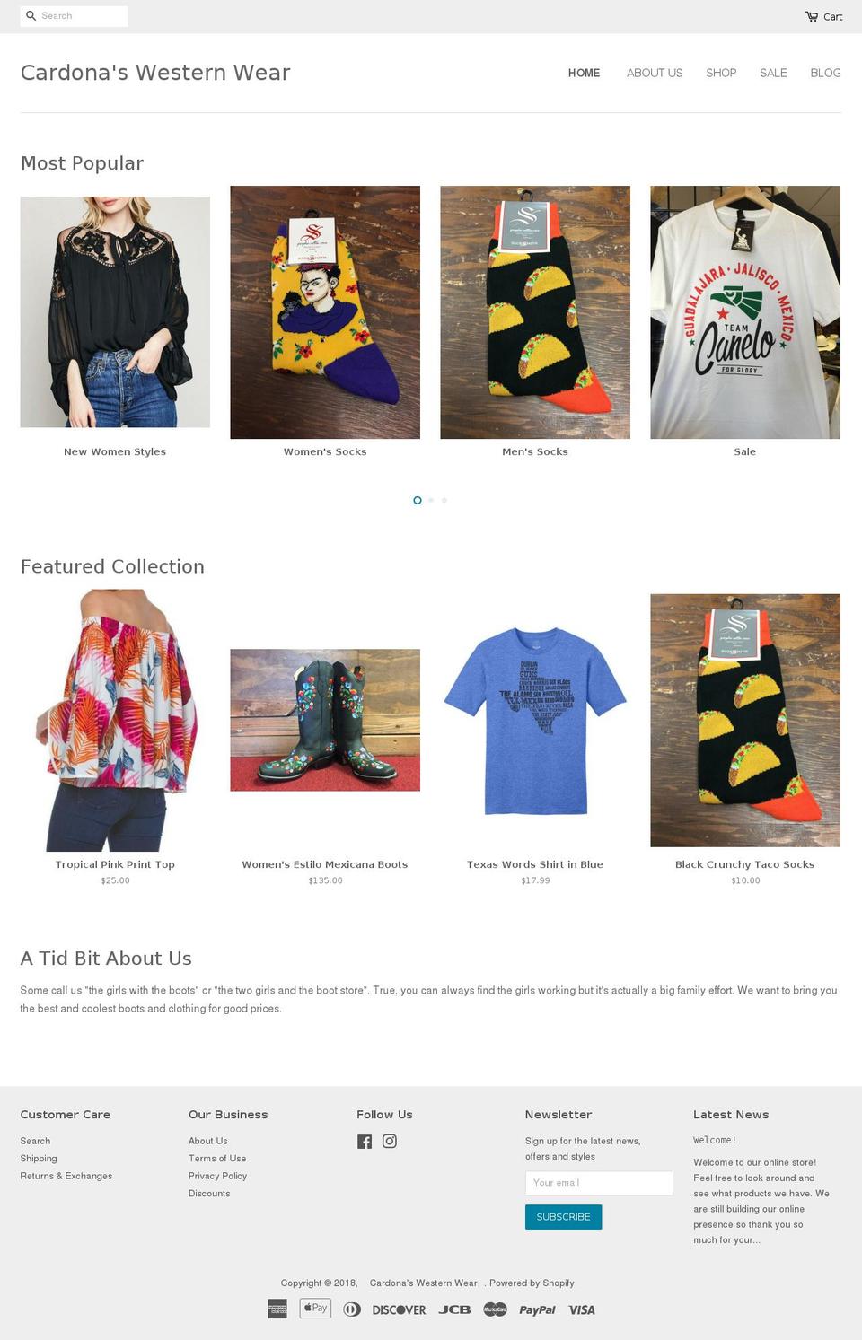 cardonaswesternwear.com — Shopify storefront screenshot