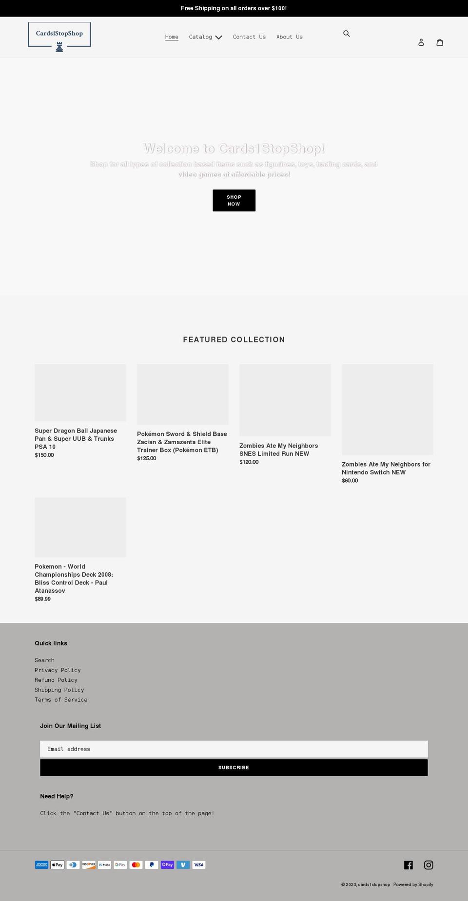 cards1stopshop.com shopify website screenshot