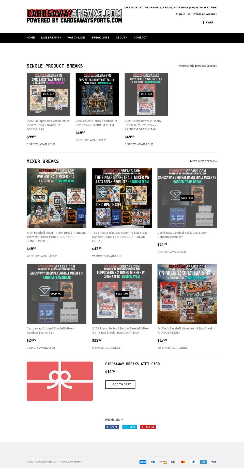 cardsawaybreaks.com shopify website screenshot