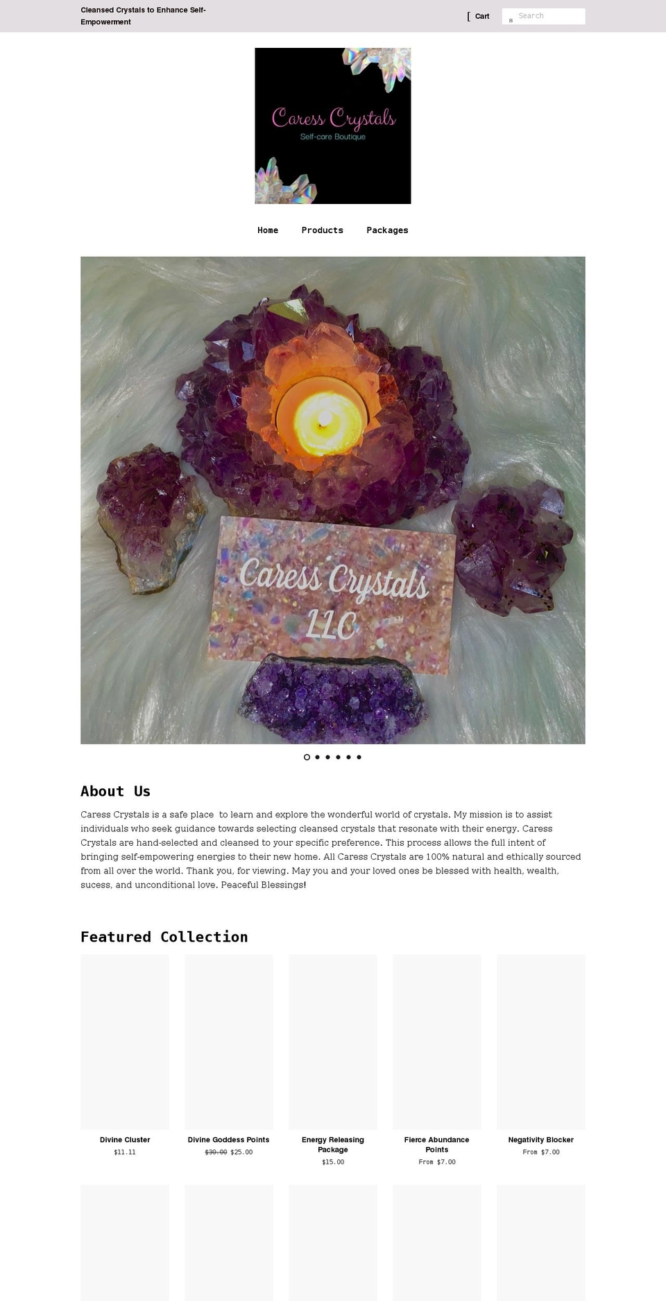 caresscrystals.com shopify website screenshot