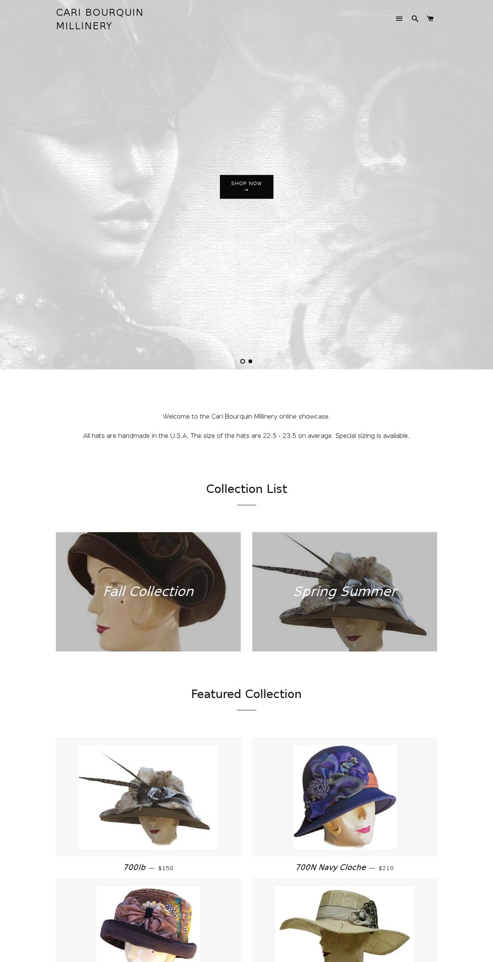 caribourquinmillinery.com shopify website screenshot