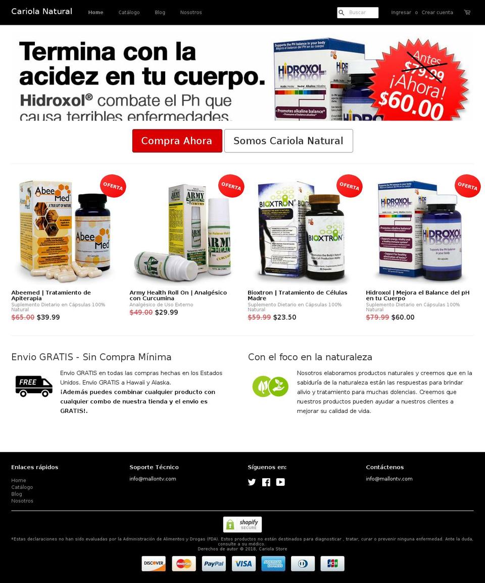 cariolanatural.com shopify website screenshot