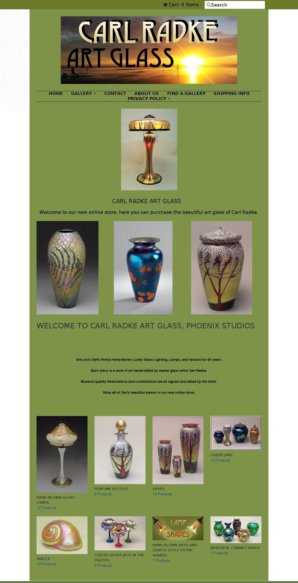 carlradkeartglass.com shopify website screenshot