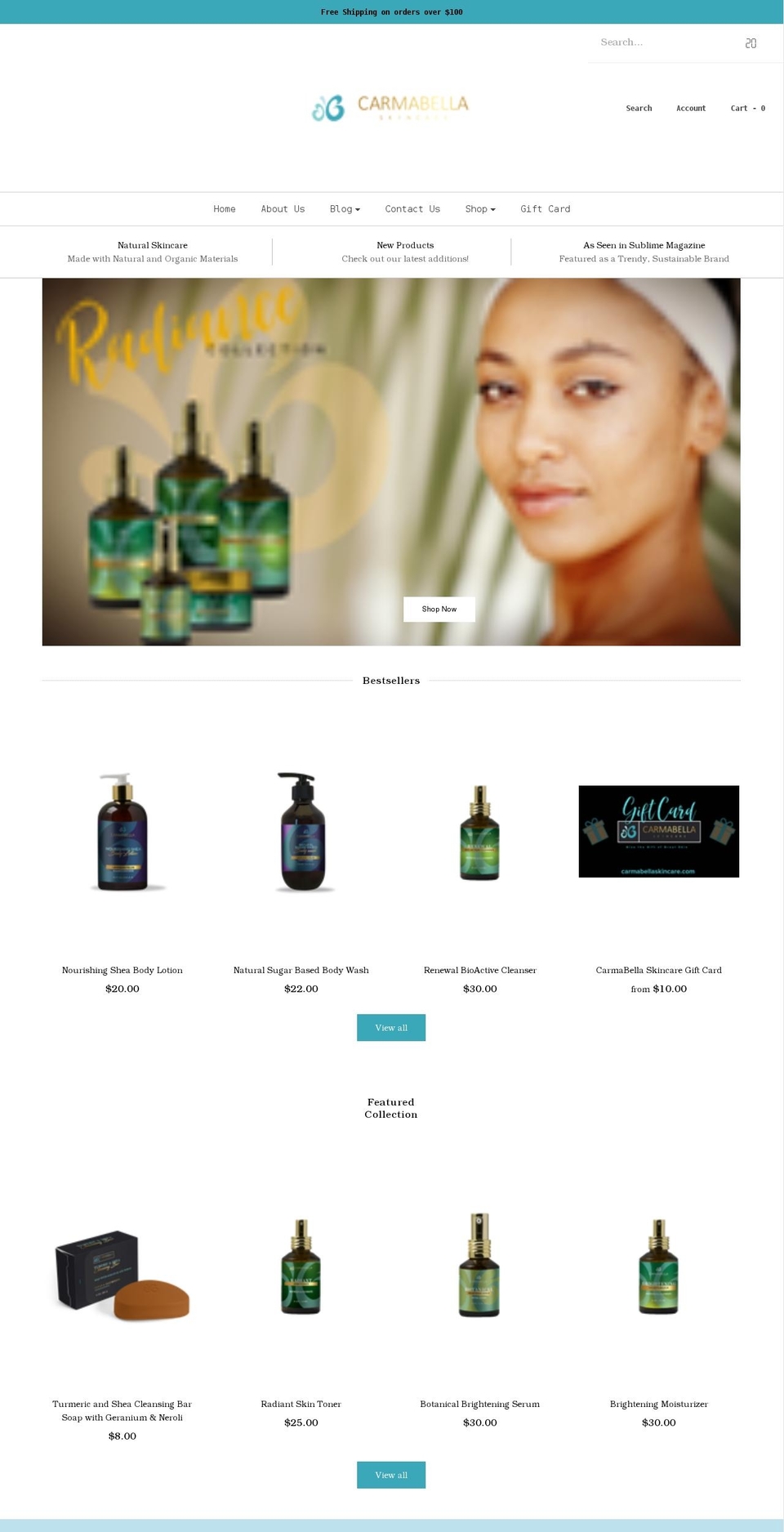 carmabellaskincare.com shopify website screenshot