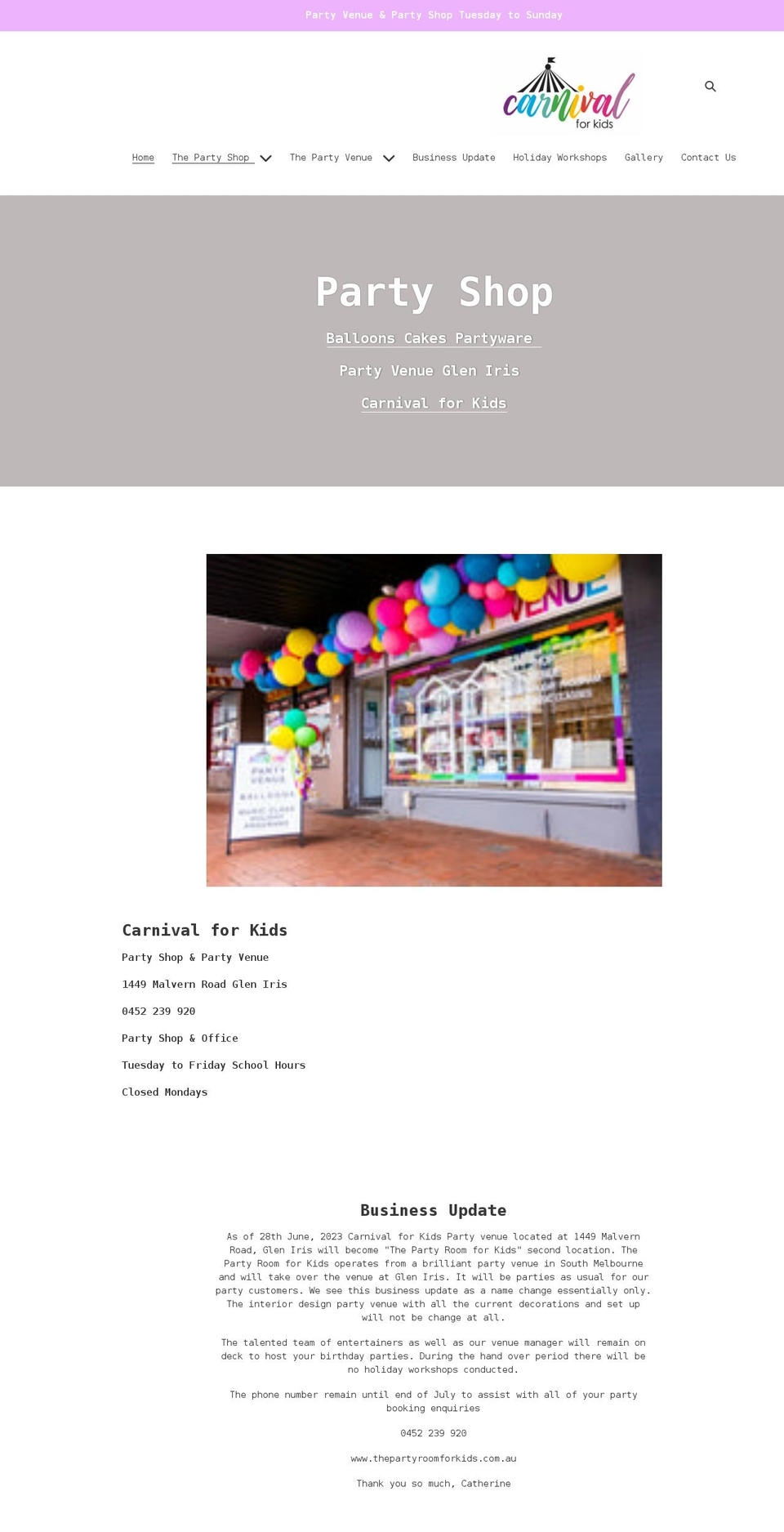carnivalforkidspartyshop.com shopify website screenshot