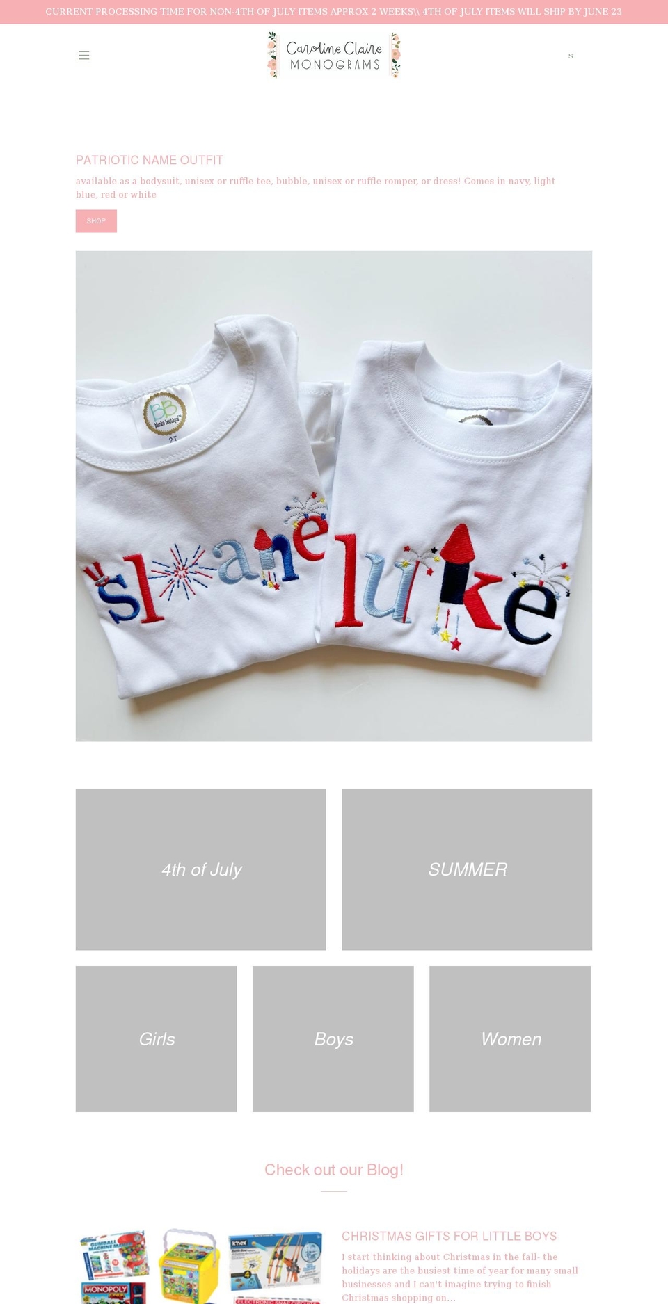 carolineclairemonograms.com shopify website screenshot