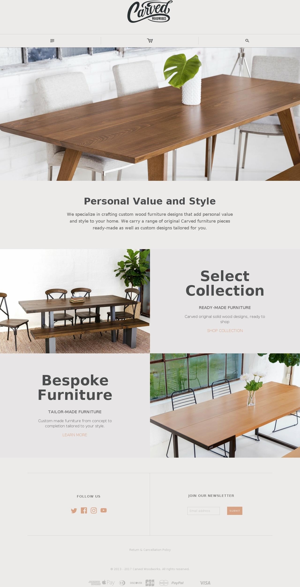 carvedwoodworks.com shopify website screenshot