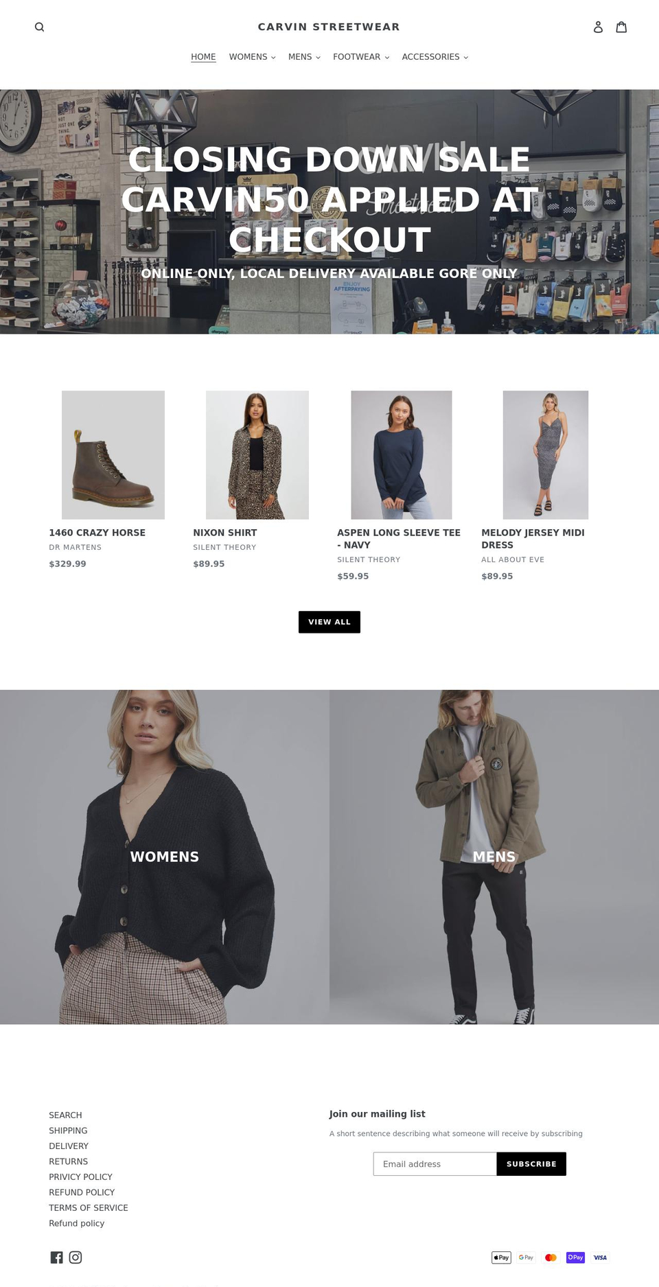 carvinstreetwear.co.nz shopify website screenshot