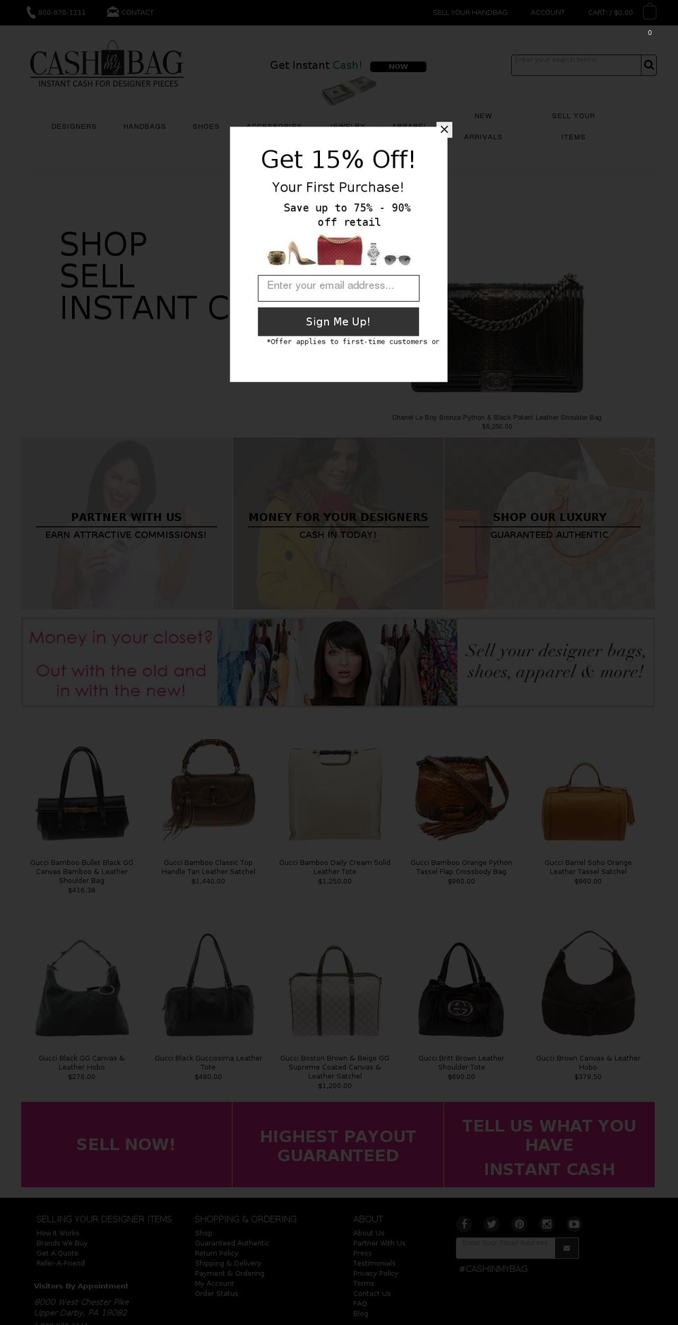 cashformyhandbag.com shopify website screenshot