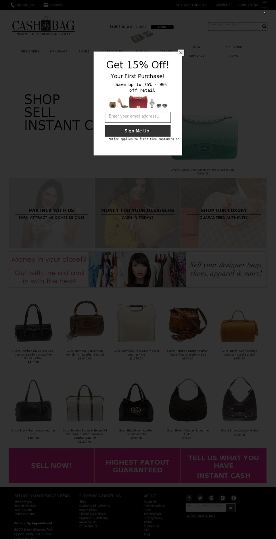 cashforyourhandbag.com shopify website screenshot