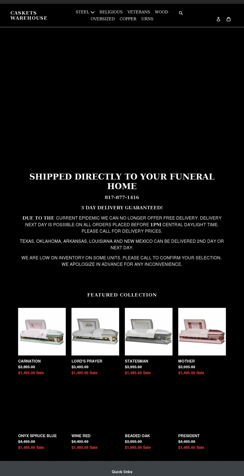 casketswarehouse.com shopify website screenshot