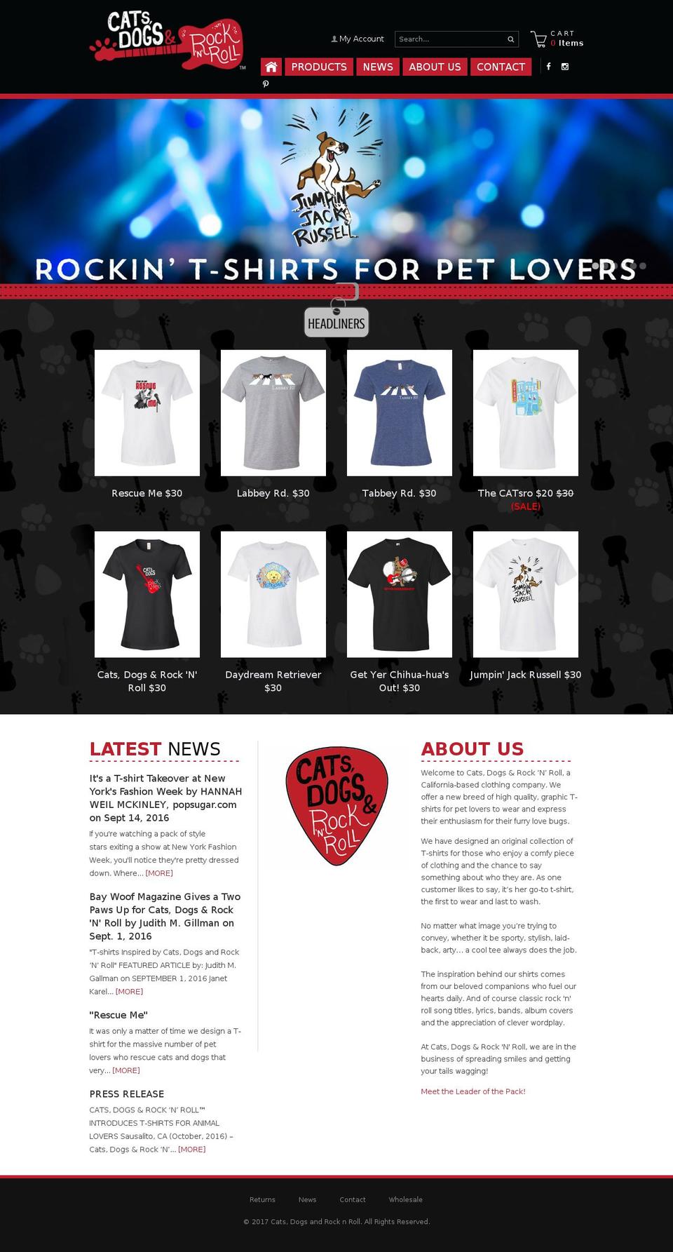 catsdogsandrocknroll.com shopify website screenshot