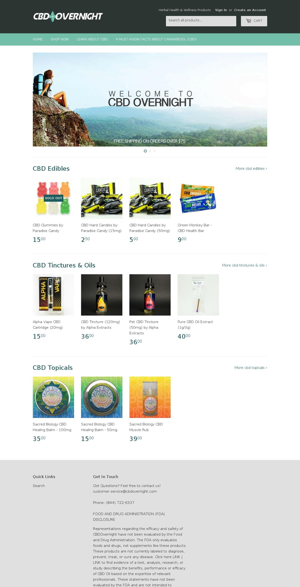 cbdovernight.com shopify website screenshot