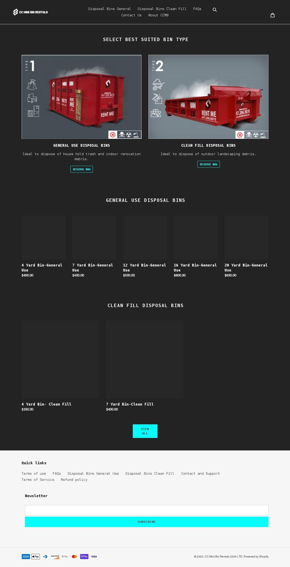 ccminibins.myshopify.com shopify website screenshot