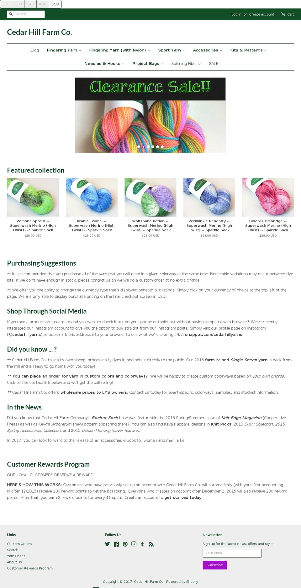 cedarhillyarns.com shopify website screenshot