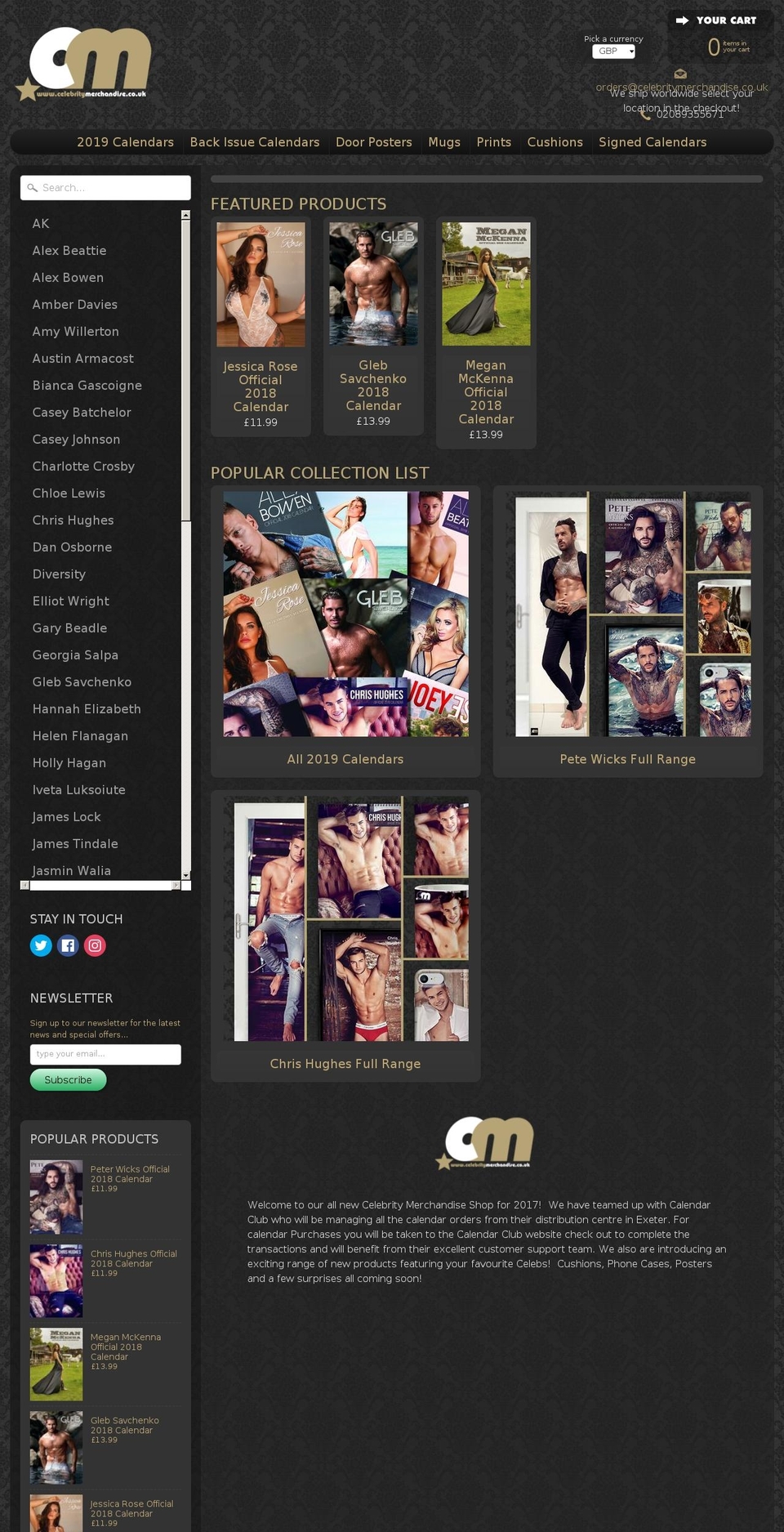 celebritymerchandise.co.uk shopify website screenshot